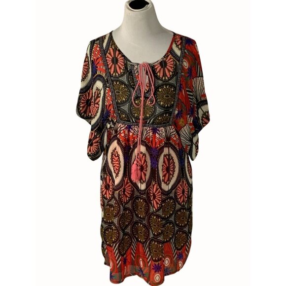 Ya Los Angeles Womens Multicolor Boho Geometric Kaftan Keyhole Mini Dress Medium - Picture 1 of 12